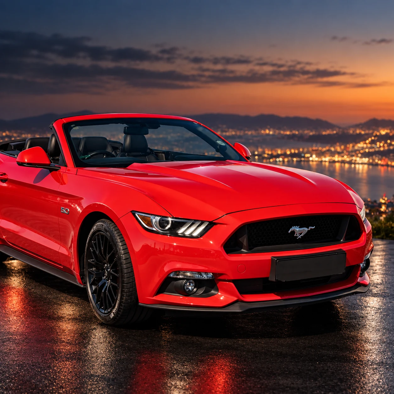 Red 2018 Ford Mustang GT Convertible, front view with the top down