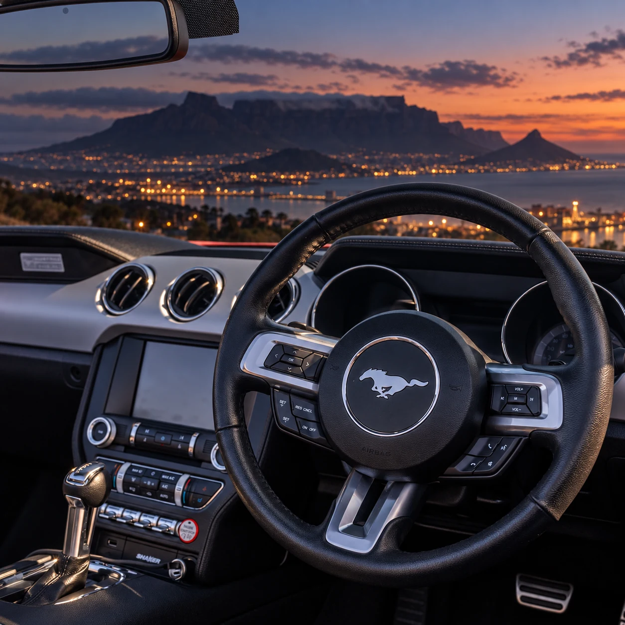 Mustang cabin and steering wheel with Table Mountain in the distance