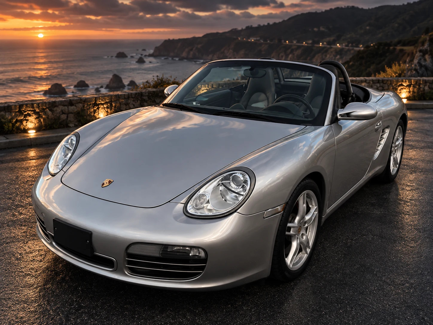 Silver 2007 Porsche Boxster, front view with the top down